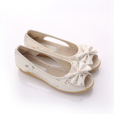 述雅复古春夏清新棉麻老北京布鞋蝴蝶结鱼嘴镂空坡跟民族风绣花女凉鞋