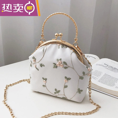 NEWLAKE复古蕾丝口金包布艺手工刺绣花朵手提包配旗袍包包唯美汉服小包包