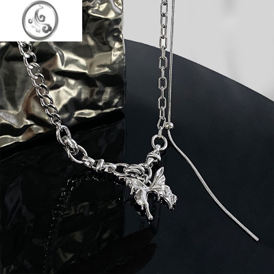 JiMi粗链条拼接蝴蝶吊坠卫衣项链女冬2023年新款毛衣链小众锁骨链配饰