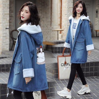 FISHBASKET大码女装胖妹妹mm加绒中长款羔毛连帽仔风衣外套200斤风衣女