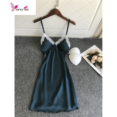 新款时尚性感V领带胸垫小胸花边睡衣连衣短裙家居服FISHBASKET睡裙