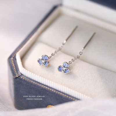 滴胶蓝色小清新鸢尾花朵耳钉女s999纯银韩版时尚锆石耳线流苏耳饰送女朋友老婆情人节七夕生日礼物