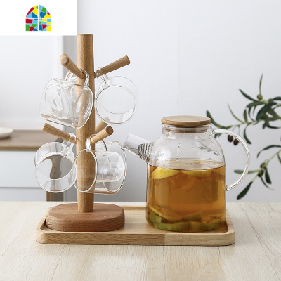 玻璃冷水壶家用可高温杯子套装防爆茶壶凉水壶耐热透明水杯带木架 FENGHOU 透明色单壶