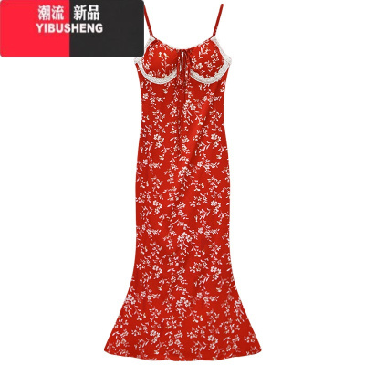 YIBUSHENG红色吊带碎花连衣裙女季复古气质收腰显瘦包臀裙子新款法式长裙