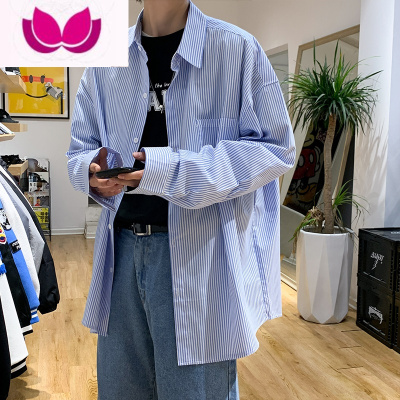 七斓夏季薄款条纹衬衫男长袖ins港风日系宽松休闲韩版潮流百搭上衣服