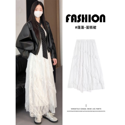 白色蕾丝半身裙女2026新款春秋季高腰a字半裙不规则垂坠感蛋糕裙