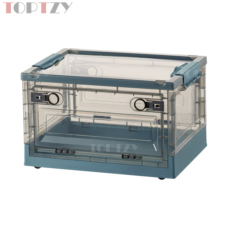 toptzy TZ5071708 户外便携透明折叠箱家用衣物防尘储物柜 大号 茶色配蓝色