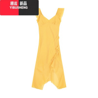 YIBUSHENG黄色荷叶边小飞袖修身连衣裙女季辣妹不规则裙子v领收腰a字长裙