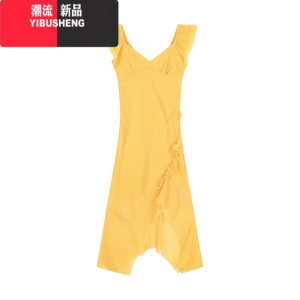YIBUSHENG黄色荷叶边小飞袖修身连衣裙女季辣妹不规则裙子v领收腰a字长裙