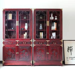 森美人中式书柜全实木书橱物组合榆木置物架带玻璃花仿古展示柜落地