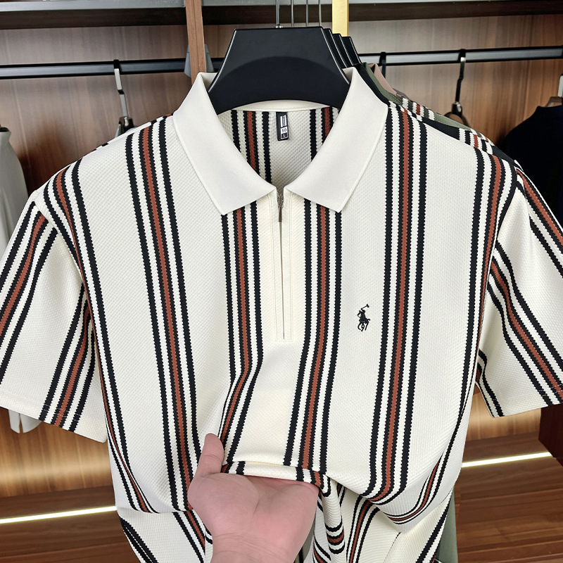 2026夏季新款拉链polo衫男时尚条纹薄款刺绣小马标翻领短袖男T恤