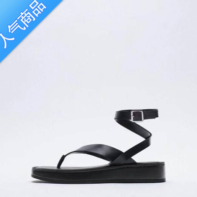 SUNTEK女鞋厚底度假平底凉鞋黑色绑带罗马凉鞋夹趾人字拖女鞋增高百搭