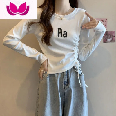 七斓秋季新款别致辣妹镂空设计感小众上衣不规则抽绳长袖T恤女打底衫