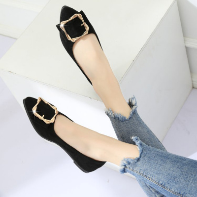 述雅单鞋女春季2021新款韩版黑色尖头平底鞋瓢鞋百搭浅口淑女鞋子