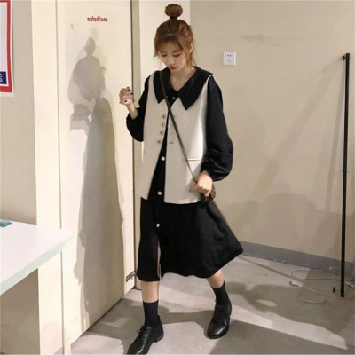 语娄大码女装早春新款胖妹妹显瘦遮肉马甲两件套装遮腹连衣裙洋气减龄2021大码女装