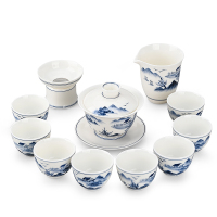 金镶玉功夫茶具套装 茶壶茶杯陶瓷送礼品盒高档 手绘青山碧水茶具