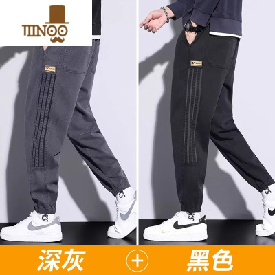 YANXU男士休闲裤2023新款束脚宽松青少年运动加绒工装裤子男裤秋季