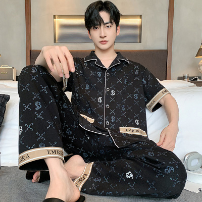 2026新款睡衣男士夏季棉质短袖长裤薄款休闲男式开衫家居服两件套