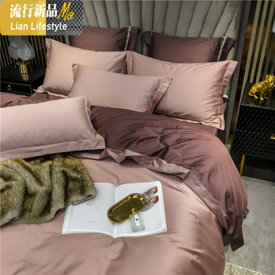 100支海岛棉床单被套床品四件套 北欧风轻奢棉拼色1.8m床上用品 三维工匠