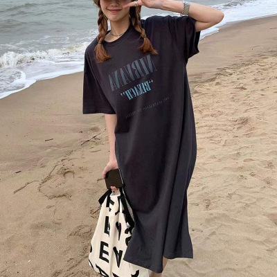 韩国大码T恤女装夏季中长款短袖打底衫女开叉宽松连衣裙子上衣女