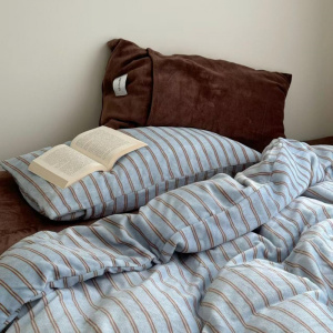 简约条纹牛奶绒床上四件套秋冬加绒被套学生宿舍保暖珊瑚绒三件套