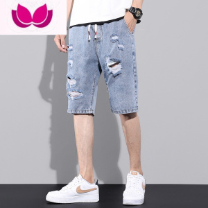 七斓广州十三行男士牛仔短裤潮牌宽松五分裤夏季薄款休闲破洞5分裤子