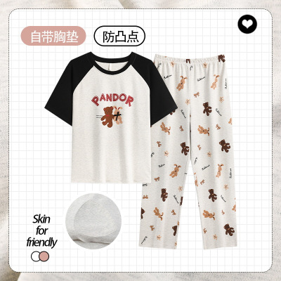 睡衣女短袖长裤夏季卡通可爱2026新款圆领ins风家居服套装可外穿_1