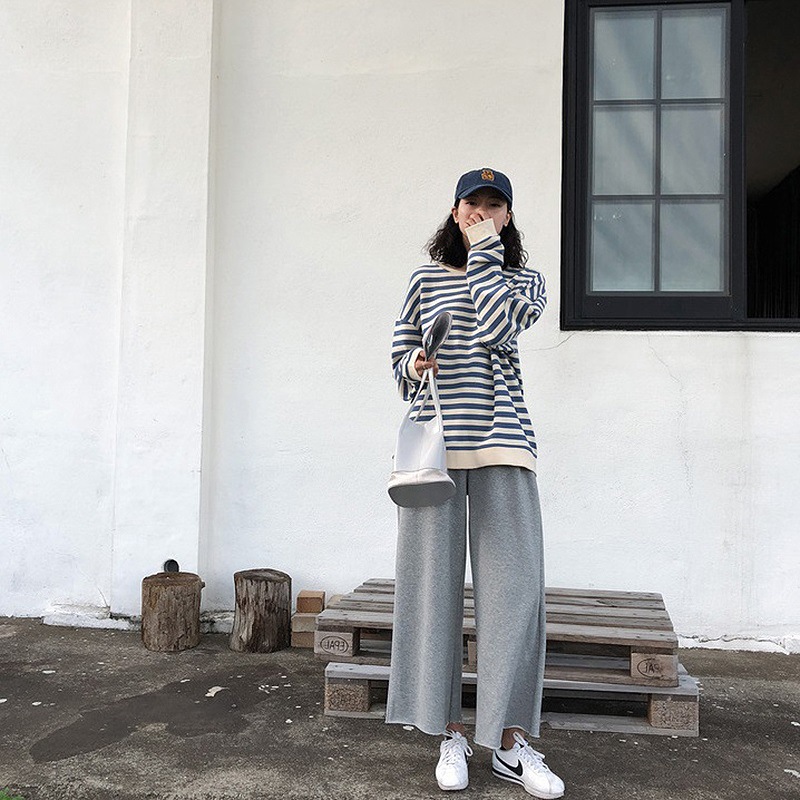 棉质 新款韩版女装初秋条纹长袖T恤女上衣学生薄款宽松卫衣女