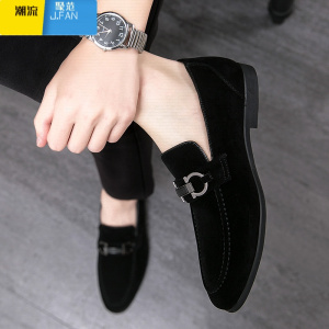 聚范男鞋夏季尖头英伦磨砂反绒皮商务休闲皮鞋男士懒人一脚蹬豆豆鞋男