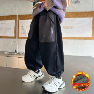 男童加绒工装裤秋冬新款儿童裤子加厚宽松男孩运动裤一体绒潮