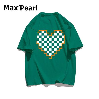 maxpear春夏棋盘格爱心印花短袖美式复古潮流t恤女宽松百搭上衣男