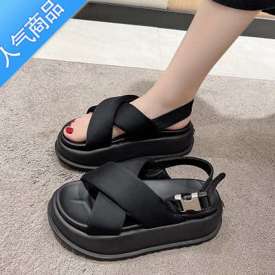 SUNTEK欧货交叉带露趾凉鞋女夏2023新款松糕厚底书包扣配裙子沙滩鞋外穿