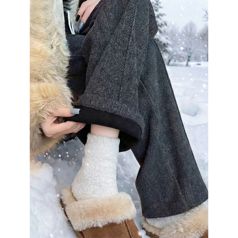 窄版毛呢阔腿裤女新款冬加厚棉裤糯米羊毛裤小个子加绒直筒裤