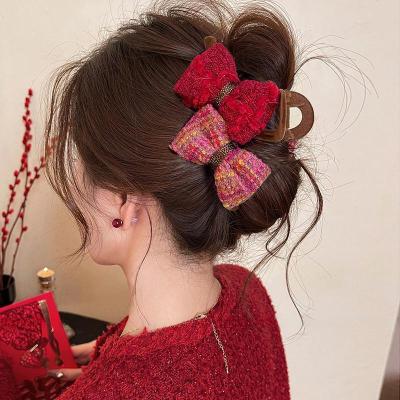 圣诞红AB面蝴蝶结抓夹大号女2024新高级感鲨鱼夹子发夹后脑勺头饰送女朋友老婆情人节七夕生日礼物