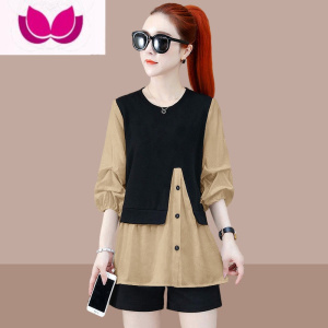 七斓欧洲站夏季女士假上衣衬衫女设计感拼接时尚五分袖大码T恤女