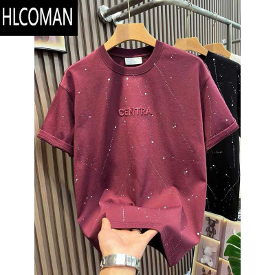 HLCOMAN美式潮牌泼墨刺绣短袖T恤男士2024夏季新款潮流休闲圆领半袖上衣