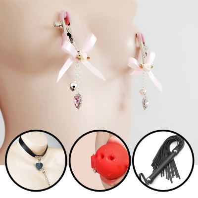 吉祥小炮情趣用品SM女用乳夹阴夹惩罚阴帝夹调情玩具乳头房趣铃铛可爱钻石乳夹+黑桃心项圈链条+酒红有孔口塞+黑短鞭