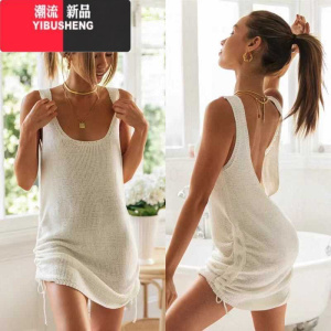 YIBUSHENG女性感针织背心裙欧美吊带辣妹露背沙滩比基尼罩衫裙露背连衣裙