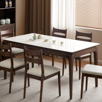 全友家居新中式餐厅客厅实木框架钢化玻璃台面餐桌软包坐面餐椅家具