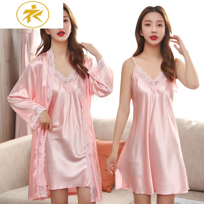Ideamini性感睡衣女夏季冰丝薄款长袖睡袍女士丝绸春秋吊带睡裙两件套装