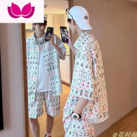 七斓花衬衫国潮麻将图案短袖衬衣男士宽松夏威夷休闲痞帅情侣上衣套装