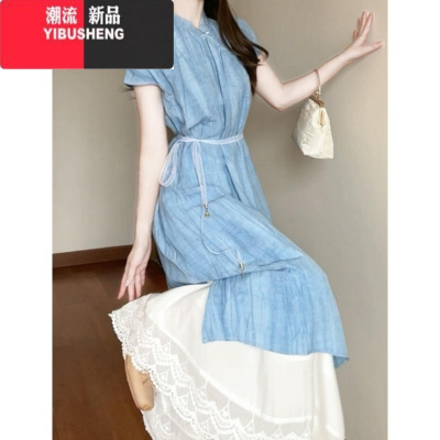 YIBUSHENG新中式国风蓝色禅意短袖连衣裙女季设计感气质宽松显瘦叠穿长裙