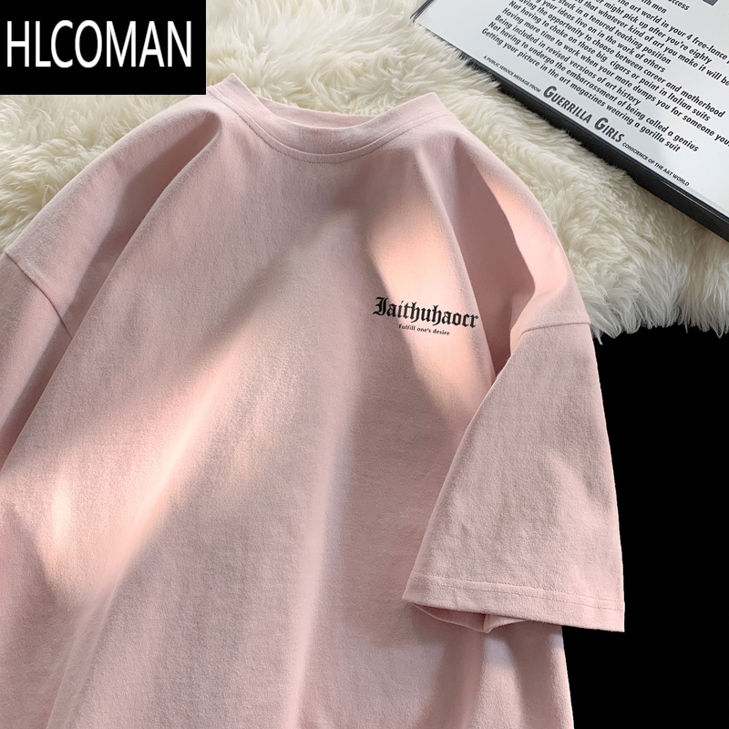 HLCOMAN粉色t恤男短袖夏季2025新款美式简约宽松体恤衫