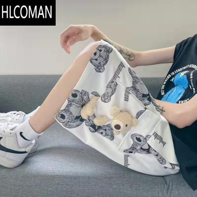 HLCOMAN夏季工装五分裤男学生宽松ins韩版情侣百搭小熊印花阔腿休闲短裤