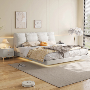 欧梵森 现代简约双人床真皮悬浮床意式极简主卧室实木双人简约现代高档带灯云朵软包婚床卧室家具主卧床