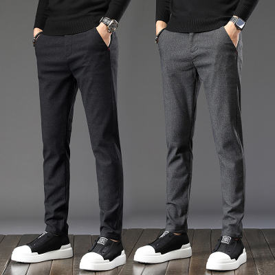 轻奢世家2021春夏新款男士休闲裤男弹力松紧腰修身小直筒磨毛男士休闲裤长裤子