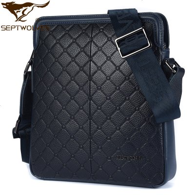 七匹狼男士单肩包头层牛皮休闲商务斜挎包时尚大容量真皮公文包英伦风正品大号蓝色3041-08-808