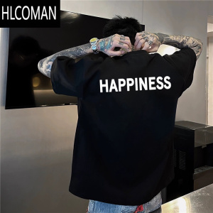 HLCOMAN2025夏季百搭小领口字母标语短袖T恤男国潮痞帅印花简约上衣