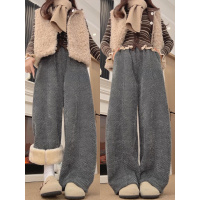 雪尼尔裤子女新款秋冬加绒加厚保暖棉裤羊羔绒阔腿镰刀裤