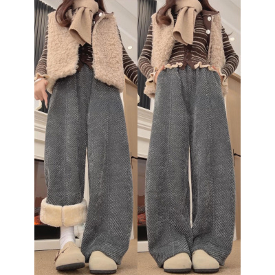 雪尼尔裤子女新款秋冬加绒加厚保暖棉裤羊羔绒阔腿镰刀裤